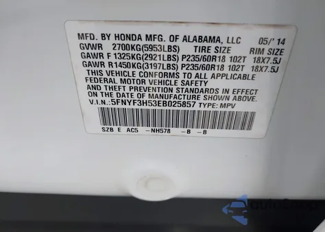 2014 Honda Pilot Ex-L z USA, uszkodzony, nr VIN 5FNYF3H53EB025857